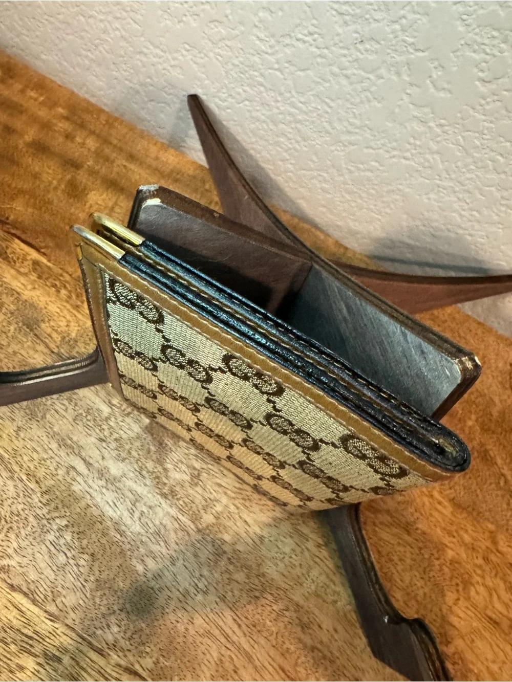 Gucci Monogram Canvas and Leather Bi-Fold Wallet with Gold Accent